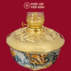 Đèn Thờ Bát Long Chầu Nguyệt Chân Đồng Thếp Vàng Men Rạn Vẽ Vàng Gốm Sứ Bát Tràng - Phúc Lộc Viên Minh