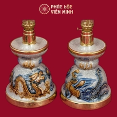 Đèn Thờ Chân Nến Long Chầu Nguyệt Men Rạn Bọc Đồng Thếp Vàng Gốm Sứ Bát Tràng - Phúc Lộc Viên Minh