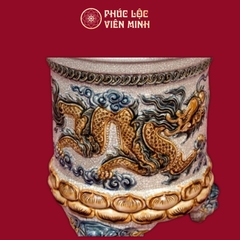 Bát Hương 3 Chân Song Long Chầu Nguyệt Men Rạn Gốm Sứ Bát Tràng - Phúc Lộc Viên Minh