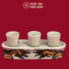 Kỷ Thẳng Rồng Chầu Nguyệt 3 Chén Men Rạn Đắp Nổi Gốm Sứ Bát Tràng - Phúc Lộc Viên Minh