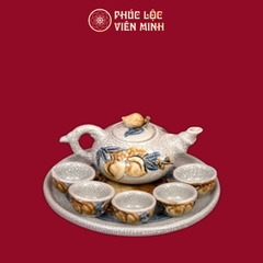 Bộ Trà Thờ Đào Đắp Nổi Men Rạn Gốm Sứ Bát Tràng - Phúc Lộc Viên Minh