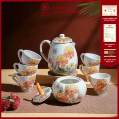 Bộ Ấm Chén Họa Tiết Cúc Vàng Cam Gốm Sứ Bát Tràng - Phúc Lộc Viên Minh - PL019