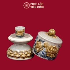 Bộ Đài Thờ Sen Men Rạn Đắp Nổi Gốm Sứ Bát Tràng - Phúc Lộc Viên Minh