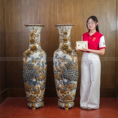 Đôi Lộc Bình Men Rạn Công Đào Đắp Nổi Kênh Bong Gốm Sứ Bát Tràng - Phúc Lộc Viên Minh - PL1520