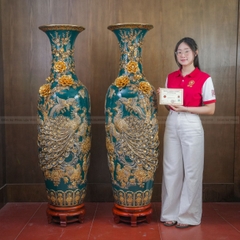 Đôi Lộc Bình Men Xanh Lục Bảo Công Đào Đắp Nổi Kênh Bong Gốm Sứ Bát Tràng - Phúc Lộc Viên Minh - PL1522