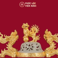 Đỉnh Hạc Chân Đồng Men Rạn Đắp Nổi Dát Vàng Gốm Sứ Bát Tràng - Phúc Lộc Viên Minh
