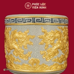 Bát Hương Song Long Chầu Nguyệt Men Rạn Dát Vàng Tây Gốm Sứ Bát Tràng - Phúc Lộc Viên Minh