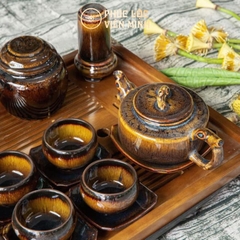 Bộ Ấm Chén Men Hổ Phách Cao Cấp Gốm Sứ Bát Tràng - Phúc Lộc Viên Minh