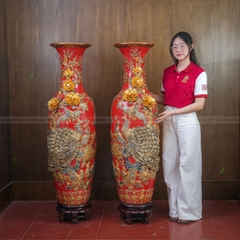 Đôi Lộc Bình Men Đỏ Công Đào Đắp Nổi Kênh Bong Gốm Sứ Bát Tràng - Phúc Lộc Viên Minh - PL1524