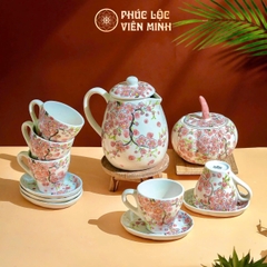 Bộ Ấm Chén Đào Hồng Gốm Sứ Bát Tràng - Phúc Lộc Viên Minh - PL018