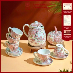 Bộ Ấm Chén Đào Hồng Gốm Sứ Bát Tràng - Phúc Lộc Viên Minh - PL018