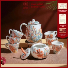 Bộ Ấm Chén Họa Tiết Hoa Cúc Cam Gốm Sứ Bát Tràng - Phúc Lộc Viên Minh - PL021