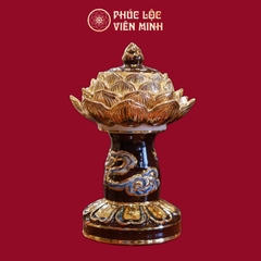 Đế Xông Trầm Hương Men Nâu Vẽ Vàng Đắp Nổi Gốm Sứ Bát Tràng - Phúc Lộc Viên Minh