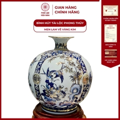 Bình Hút Lộc Tứ Cảnh Men Lam Vẽ Vàng Kim Gốm Sứ Bát Tràng - Phúc Lộc Viên Minh