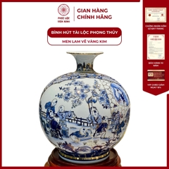 Bình Hút Lộc Nhị Cảnh Men Lam Vẽ Vàng Kim Gốm Sứ Bát Tràng - Phúc Lộc Viên Minh