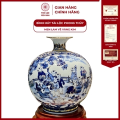 Bình Hút Lộc Nhị Cảnh Bách Nhi Đồ Men Lam Vẽ Vàng Kim Gốm Sứ Bát Tràng - Phúc Lộc Viên Minh