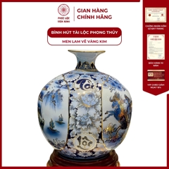 Bình Hút Lộc Nhị Cảnh Men Lam Vẽ Vàng Kim Gốm Sứ Bát Tràng - Phúc Lộc Viên Minh