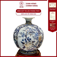 Bình Hút Lộc Tứ Cảnh Men Lam Vẽ Vàng Kim Gốm Sứ Bát Tràng - Phúc Lộc Viên Minh