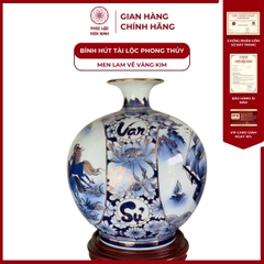 Bình Hút Lộc Nhị Cảnh Men Lam Vẽ Vàng Kim Gốm Sứ Bát Tràng - Phúc Lộc Viên Minh
