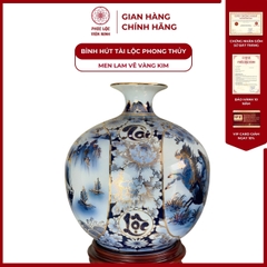 Bình Hút Lộc Nhị Cảnh Thuận Buồm Xuôi Gió Men Lam Vẽ Vàng Kim Gốm Sứ Bát Tràng - Phúc Lộc Viên Minh - PLVM016
