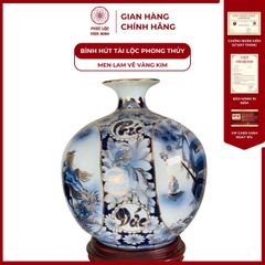Bình Hút Lộc Nhị Cảnh Thuận Buồm Xuôi Gió Men Lam Vẽ Vàng Kim Gốm Sứ Bát Tràng - Phúc Lộc Viên Minh - PLVM016