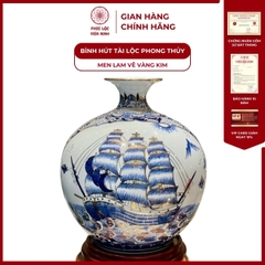 Bình Hút Lộc Nhị Cảnh Men Lam Vẽ Vàng Kim Gốm Sứ Bát Tràng - Phúc Lộc Viên Minh