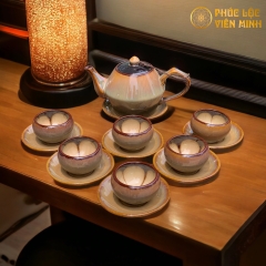 Bộ Ấm Chén Hỏa Biến Men Kem Cao Cấp Gốm Sứ Bát Tràng - Phúc Lộc Viên Minh