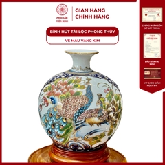 Bình Hút Lộc Nhị Cảnh Vẽ Màu Vàng Kim Gốm Sứ Bát Tràng - Phúc Lộc Viên Minh