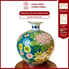 Bình Hút Lộc Đơn Cảnh Vẽ Màu Vàng Kim Gốm Sứ Bát Tràng - Phúc Lộc Viên Minh