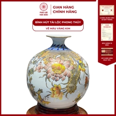 Bình Hút Lộc Đơn Cảnh Vẽ Màu Vàng Kim Gốm Sứ Bát Tràng - Phúc Lộc Viên Minh
