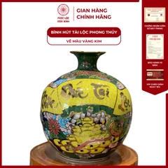 Bình Hút Lộc Đơn Cảnh Vẽ Màu Vàng Kim Gốm Sứ Bát Tràng - Phúc Lộc Viên Minh