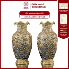 Đôi Lộc Bình Miệng Lượn Họa Tiết Công Đào Men Hoàng Thổ Vẽ Vàng Gốm Sứ Bát Tràng - Phúc Lộc Viên Minh