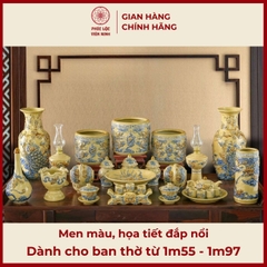 Bộ Đồ Thờ Men Màu Họa Tiết Đắp Nổi Gốm Sứ Bát Tràng - Phúc Lộc Viên Minh - PLVM335