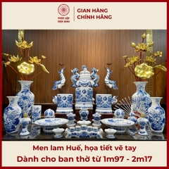 Bộ Đồ Thờ Men Lam Huế Vẽ Tay Gốm Sứ Bát Tràng - Phúc Lộc Viên Minh -  PLVM416