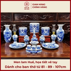 Bộ Đồ Thờ Men Lam Họa Tiết Vẽ Tay Gốm Sứ Bát Tràng - Phúc Lộc Viên Minh - PLVM461