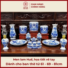 Bộ Đồ Thờ Men Lam Huế Họa Tiết Vẽ Tay Gốm Sứ Bát Tràng - Phúc Lộc Viên Minh - PLVM488