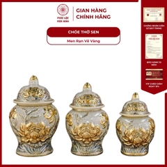 Chóe Thờ Họa Tiết Sen Men Rạn Vẽ Vàng Gốm Sứ Bát Tràng - Phúc Lộc Viên Minh