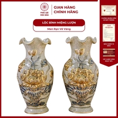 Đôi Lộc Bình Miệng Lượn Họa Tiết Sen Men Rạn Vẽ Vàng Gốm Sứ Bát Tràng - Phúc Lộc Viên Minh
