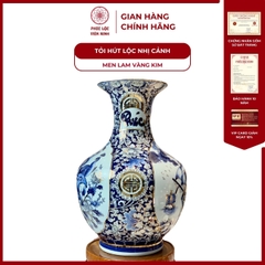 Tỏi Béo Nhị Cảnh Thuận Buồm Xuôi Gió, Công Đào Men Lam Vàng Kim Gốm Sứ Bát Tràng - Phúc Lộc Viên Minh