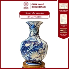 Tỏi Béo Nhị Cảnh Thuận Buồm Xuôi Gió, Công Đào Men Lam Vàng Kim Gốm Sứ Bát Tràng - Phúc Lộc Viên Minh