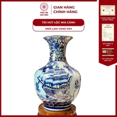 Tỏi Béo Nhị Cảnh Thuận Buồm Xuôi Gió, Công Đào Men Lam Vàng Kim Gốm Sứ Bát Tràng - Phúc Lộc Viên Minh