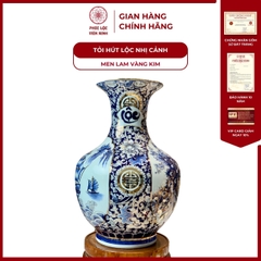 Tỏi Béo Nhị Cảnh Thuận Buồm Xuôi Gió, Công Đào Men Lam Vàng Kim Gốm Sứ Bát Tràng - Phúc Lộc Viên Minh