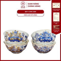 Bát Thờ Họa Tiết Sen Men Lam Vẽ Vàng Gốm Sứ Bát Tràng - Phúc Lộc Viên Minh