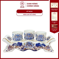Kỷ Ngai Họa Tiết Sen Men Lam Vẽ Vàng Gốm Sứ Bát Tràng - Phúc Lộc Viên Minh