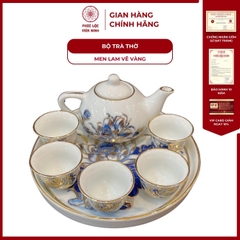 Bộ Trà Thờ 5 Chén Họa Tiết Sen Men Lam Vẽ Vàng Gốm Sứ Bát Tràng - Phúc Lộc Viên Minh