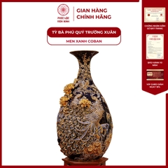 Tỳ Bà Phú Quý Trường Xuân Men Xanh Coban Vẽ Vàng Gốm Sứ Bát Tràng - Phúc Lộc Viên Minh