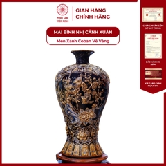 Mai Bình Nhị Cảnh Xuân Men Xanh Coban Vẽ Vàng Gốm Sứ Bát Tràng - Phúc Lộc Viên Minh
