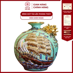 Bình Hút Lộc Thuận Buồm Xuôi Gió Cao 21cm Men Xanh Ngọc Vẽ Vàng Gốm Sứ Bát Tràng - Phúc Lộc Viên Minh
