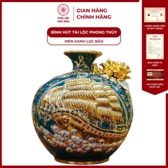 Bình Hút Lộc Thuận Buồm Xuôi Gió Men Xanh Lục Bảo Cao 28cm Vẽ Vàng Gốm Sứ Bát Tràng - Phúc Lộc Viên Minh