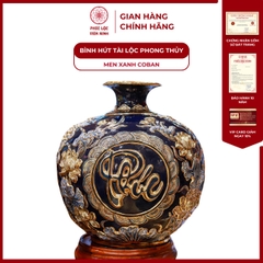 Bình Hút Lộc Phúc Lộc Thọ Liên Hoa Men Xanh Coban Vẽ Vàng Gốm Sứ Bát Tràng - Phúc Lộc Viên Minh